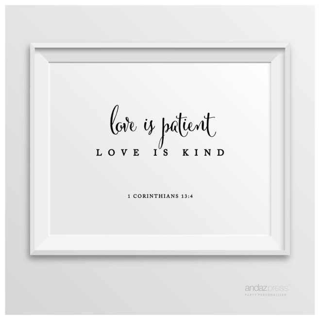 AP10314 Andaz Press Biblical Wedding Signs, Formal Black and White, 8.5-inch x 11-inch, Love is Patient, Love is Kind, 1 Corinthians 13-4, Bible Quotes