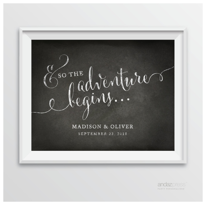 AP10343 Andaz Press Personalized Wedding Party Signs, Vintage Chalkboard Print, 8.5-inch x 11-inch, And So The Adventure Begins