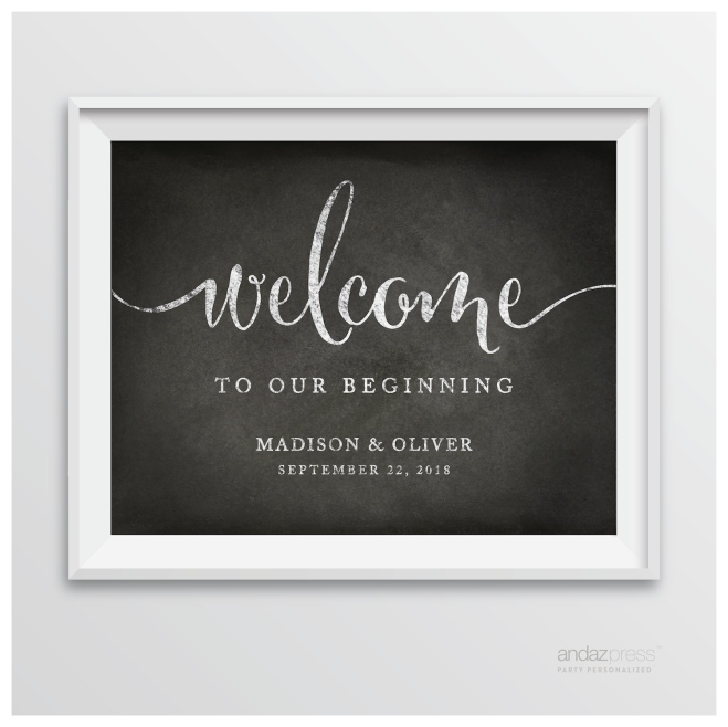 AP10344 Andaz Press Personalized Wedding Party Signs, Vintage Chalkboard Print, 8.5-inch x 11-inch, Welcome to our Beginning