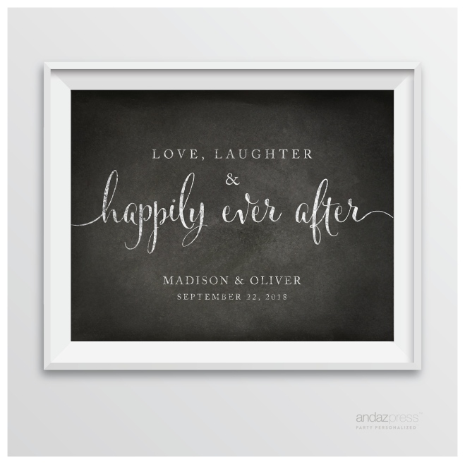 AP10347 Andaz Press Personalized Wedding Party Signs, Vintage Chalkboard Print, 8.5-inch x 11-inch, Love, Laughter & Happily Ever After