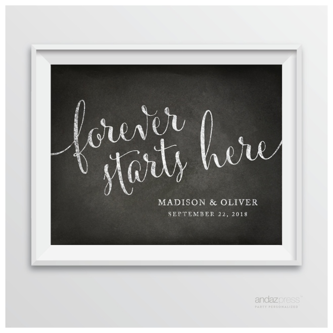 AP10352 Andaz Press Personalized Wedding Party Signs, Vintage Chalkboard Print, 8.5-inch x 11-inch, Forever Starts Here