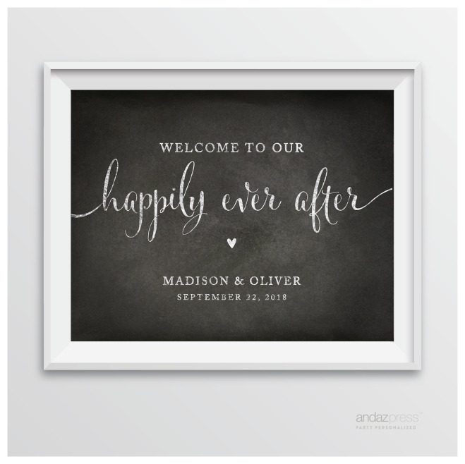 AP10354 Andaz Press Personalized Wedding Party Signs, Vintage Chalkboard Print, 8.5-inch x 11-inch, Welcome to our Happily Ever After