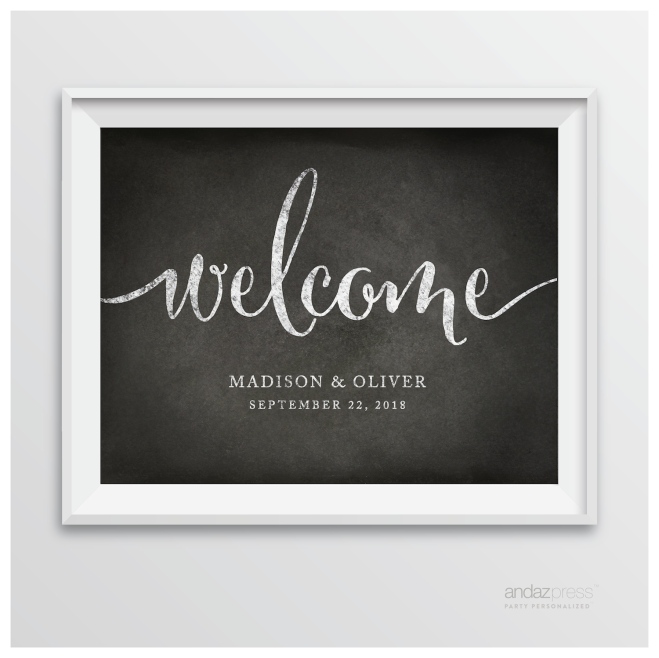 AP10355 Andaz Press Personalized Wedding Party Signs, Vintage Chalkboard Print, 8.5-inch x 11-inch, Welcome - Bride & Groom, Date