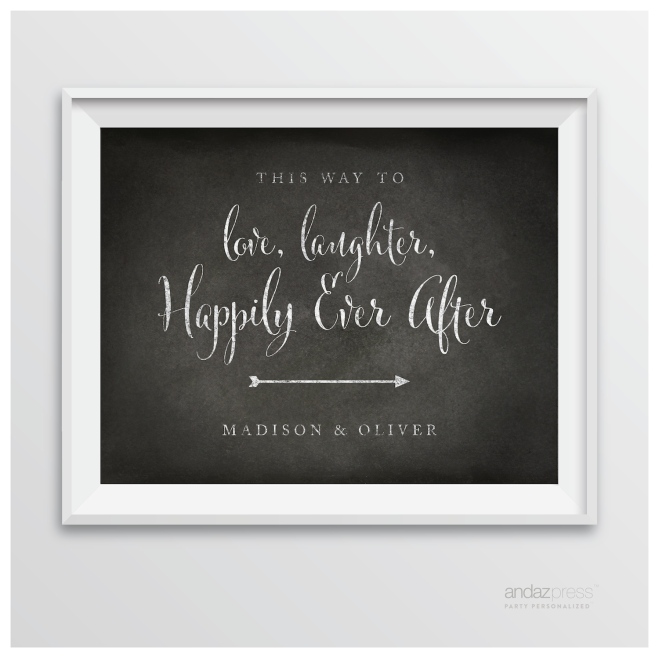 AP10358 Andaz Press Personalized Wedding Party Signs, Vintage Chalkboard Print, 8.5-inch x 11-inch, This Way To Love, Laughter & Happily Ever After