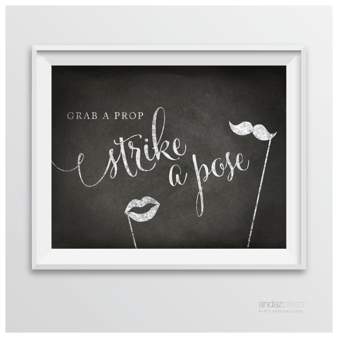 AP10377 Andaz Press Wedding Party Signs, Vintage Chalkboard Print, 8.5-inch x 11-inch, Grab a Prop & Strike a Pose Photobooth Sign