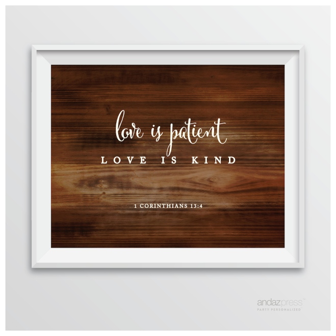 AP10468 Andaz Press Biblical Wedding Signs, Rustic Wood Print, 8.5-inch x 11-inch, Love is Patient, Love is Kind, 1 Corinthians 13-4, Bible Quotes
