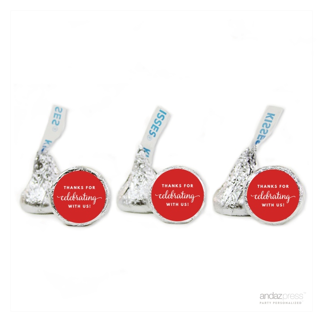 AP57803 Andaz Press Chocolate Drop Labels Trio, Fits Hershey's Kisses, Thanks for Celebrating With Us, Red