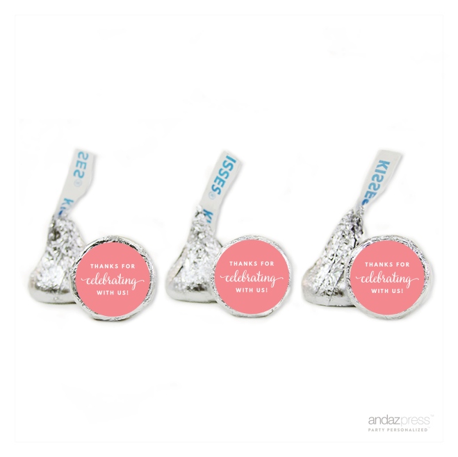 AP57804 Andaz Press Chocolate Drop Labels Trio, Fits Hershey's Kisses, Thanks for Celebrating With Us, Coral
