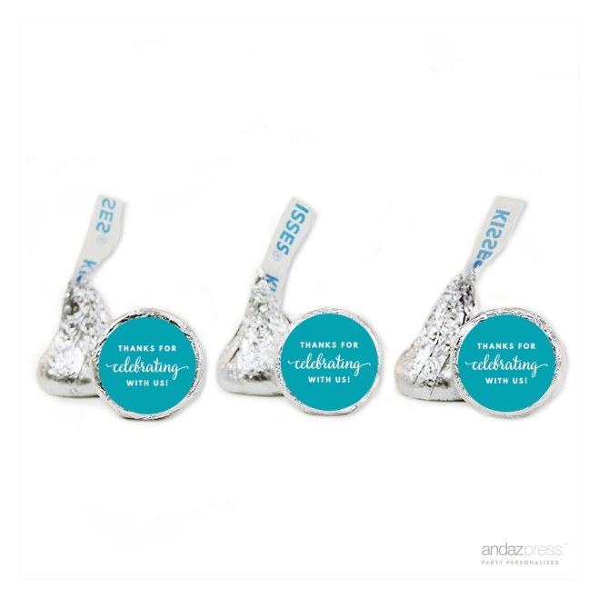 AP57810 Andaz Press Chocolate Drop Labels Trio, Fits Hershey's Kisses, Thanks for Celebrating With Us, Aqua