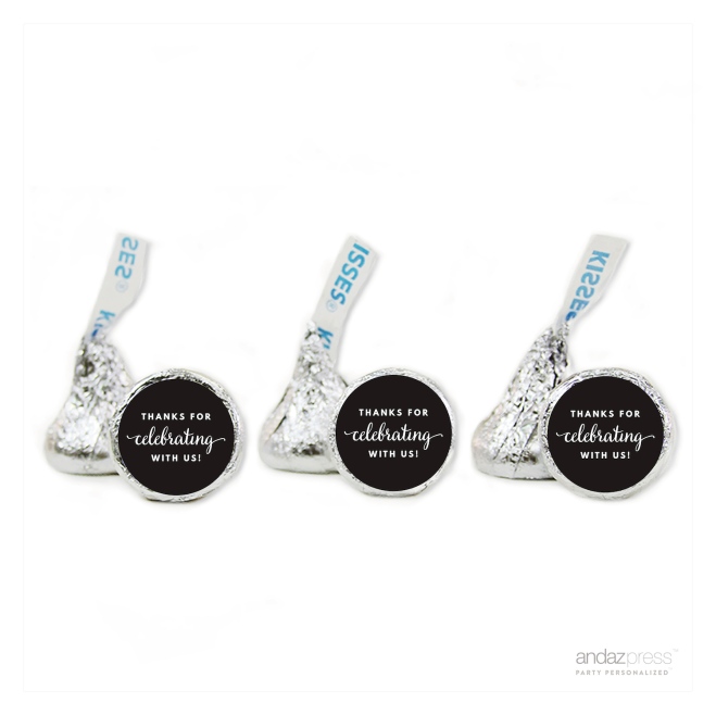 AP57816 Andaz Press Chocolate Drop Labels Trio, Fits Hershey's Kisses, Thanks for Celebrating With Us, Black