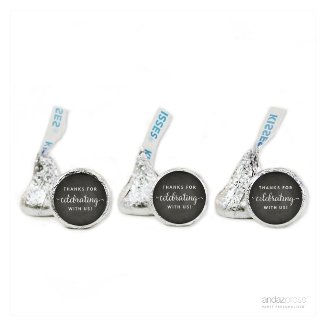 AP57817 Andaz Press Chocolate Drop Labels Trio, Fits Hershey's Kisses, Thanks for Celebrating With Us, Chalkboard