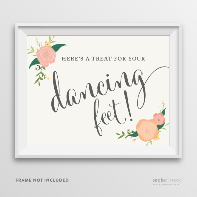 AP10809-Andaz-Press-Wedding-Party-Signs,-Watercolor-Floral-Roses-Print,-8.5-inch-x-11-inch,-Here's-a-Treat-for-Your-Dancing-Feet!-Flip-Flop-Sandals-High-Heels-Shoes-Dance-Floor-Reception-Sign,-1-Pack