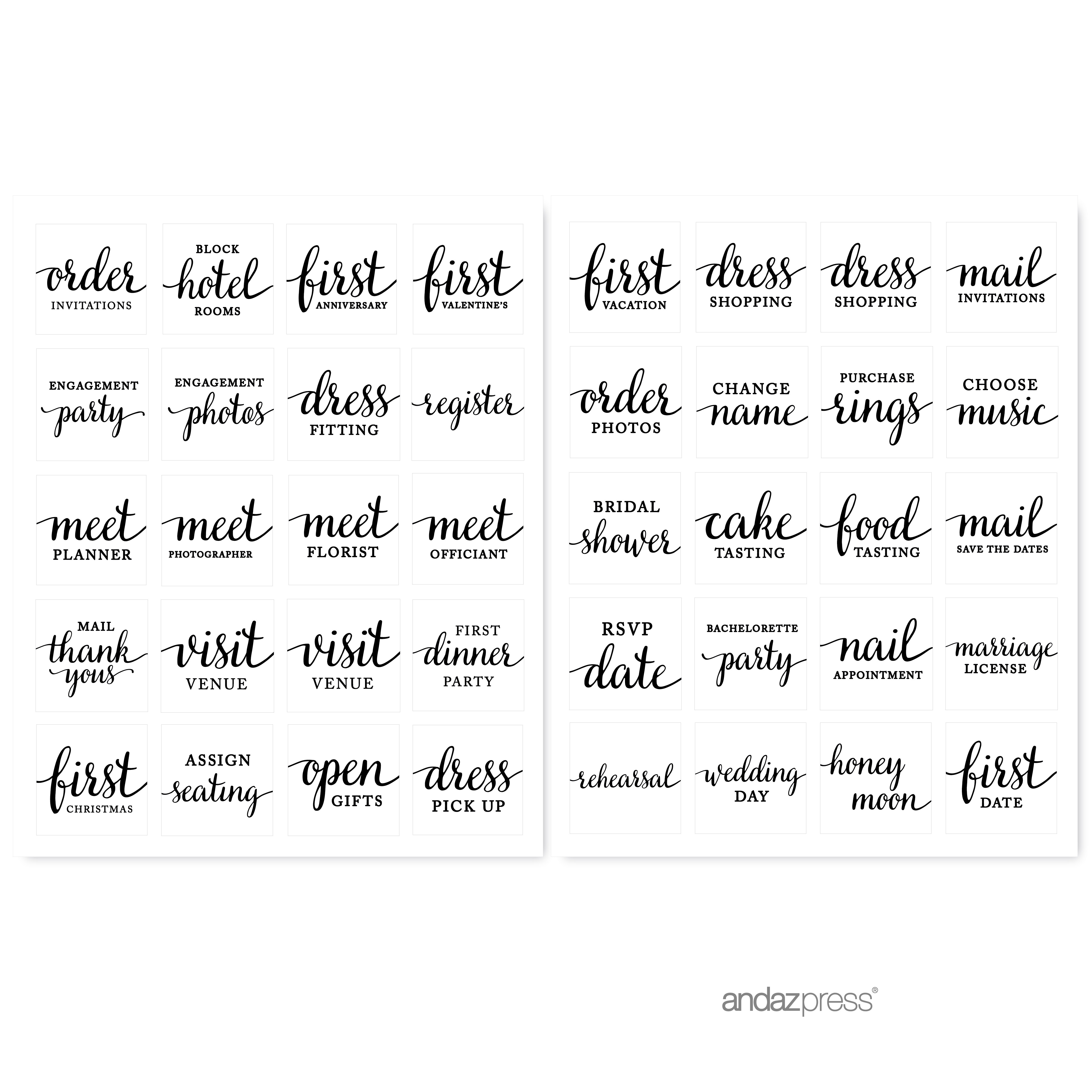 ap12644 andaz press 1st year wedding planner labels stickers black and white modern square 40 pack for day planners journals scrapbook keepsake new bride gift photo 3 01