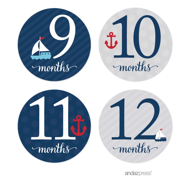 AP57769 Andaz Press Nautical Baby Shower Collection, Pregnancy and Baby Belly Milestone Label Stickers Months 1 to 20, 4-inch Round, 1-Set, Newborn Photoshoot Props Photo 3-01
