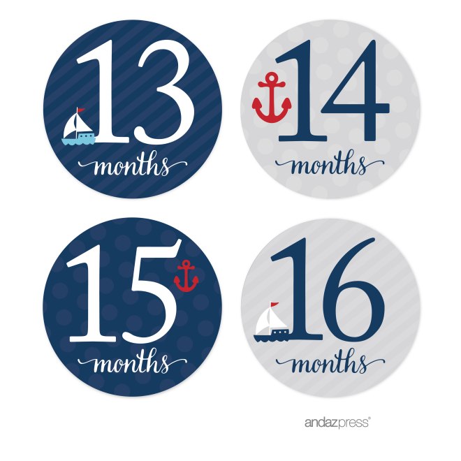 AP57769 Andaz Press Nautical Baby Shower Collection, Pregnancy and Baby Belly Milestone Label Stickers Months 1 to 20, 4-inch Round, 1-Set, Newborn Photoshoot Props Photo 4-01