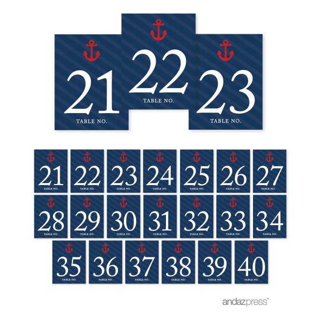 AP57773 Andaz Press Nautical Baby Shower Collection Table Numbers 21 - 40 on Perforated Paper, Party _ Co Style, 1-Set, For Ocean Sailor Bon Voyage Adventure Themed Table Settings, Decor, Decorations 4-01