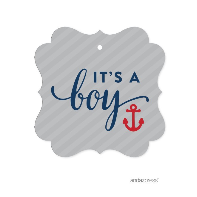 AP57778 Andaz Press Nautical Baby Shower Collection, Fancy Frame Gift Tags, It's a Boy!, 24-pack, For Themed Party Favors, Gifts, Decorations-01