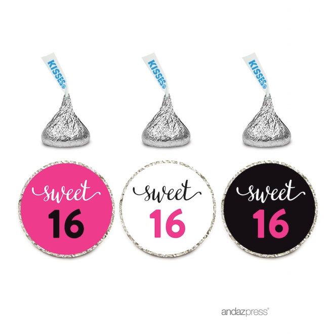 AP57798 Andaz Press Chocolate Drop Labels, Sweet 16 Black and Fuchsia, 216-Pack, Fits Hershey's Kisses Party Favors photo