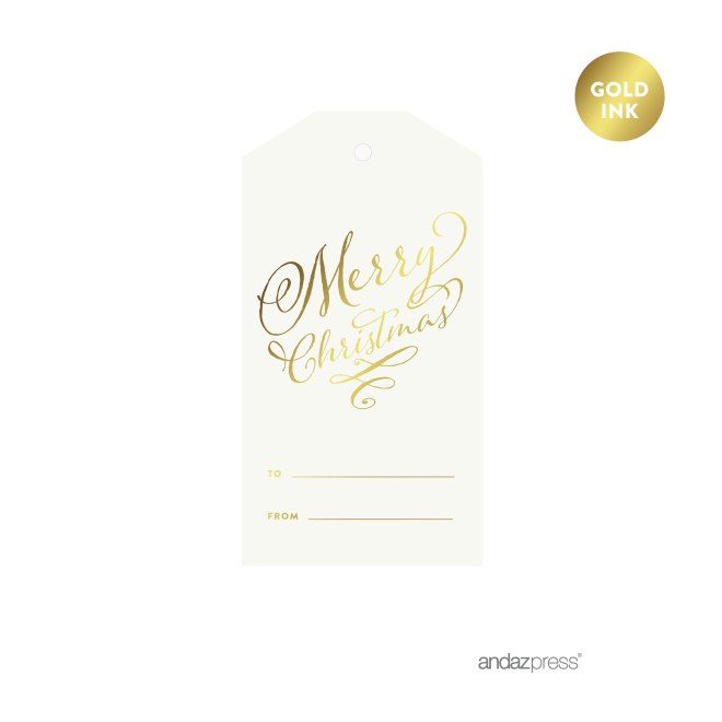 AP58276 Andaz Press Christmas Collection, Classic Gift Tags, Stylized Merry Christmas To From, Metallic Gold Ink, 12-Pack, Not Gold Foil, Decorations, Decor, Stationery 2-01