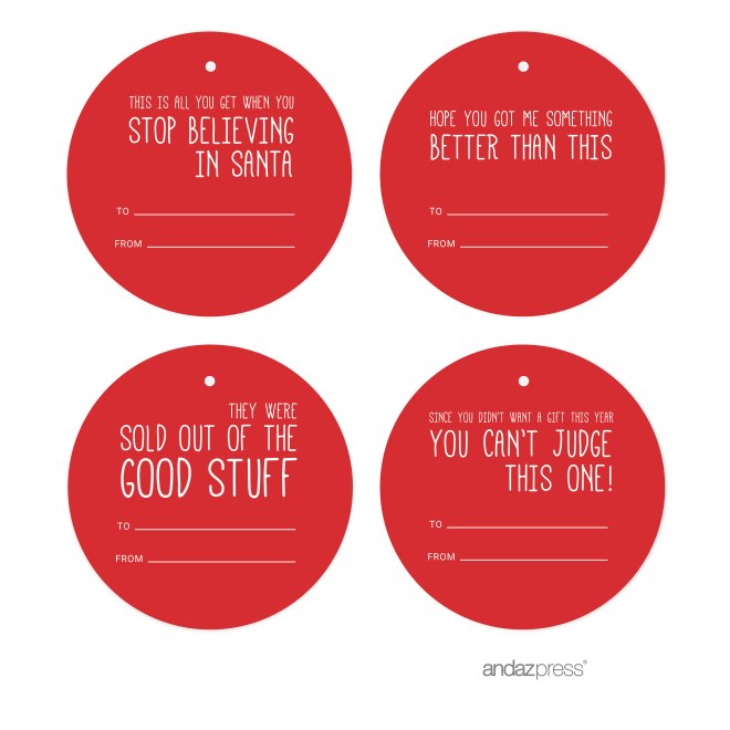 AP58284 Andaz Press Christmas Collection, Round Circle Gift Tags, Funny Witty Labels, Red Happy Holidays Style, 24-Pack 2-01