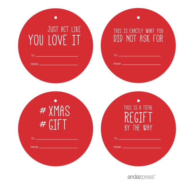 AP58284 Andaz Press Christmas Collection, Round Circle Gift Tags, Funny Witty Labels, Red Happy Holidays Style, 24-Pack 3-01