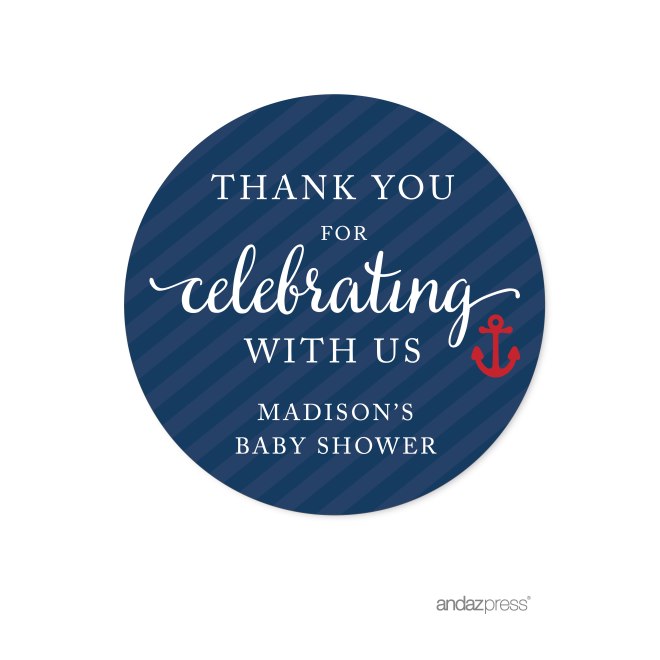 APC57776 Andaz Press Nautical Baby Shower Collection, Personalized Round Circle Labels Stickers, Thank You for Celebrating with Us, 40-pack, Custom Made Name for Themed Party Favors, Gifts, Decorations 1-01