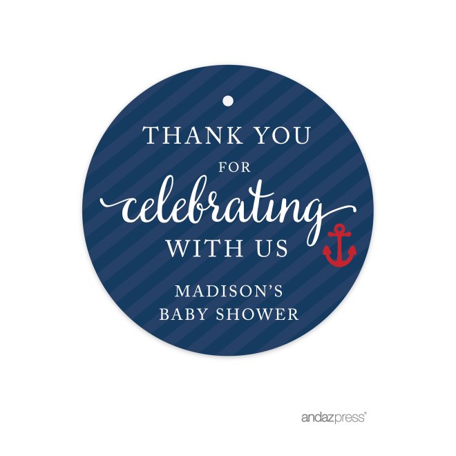 APC57779 Andaz Press Nautical Baby Shower Collection, Personalized Round Circle Gift Tags, Thank You for Celebrating with Us, 24-pack, Custom Made Name for Themed Party Favors, Gifts, Decorations-01