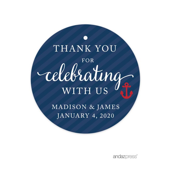 APC57779 Andaz Press Nautical Baby Shower Collection, Personalized Round Circle Gift Tags, Thank You for Celebrating with Us, 24-pack, Custom Made Name for Themed Party Favors, Gifts, Decorations-02