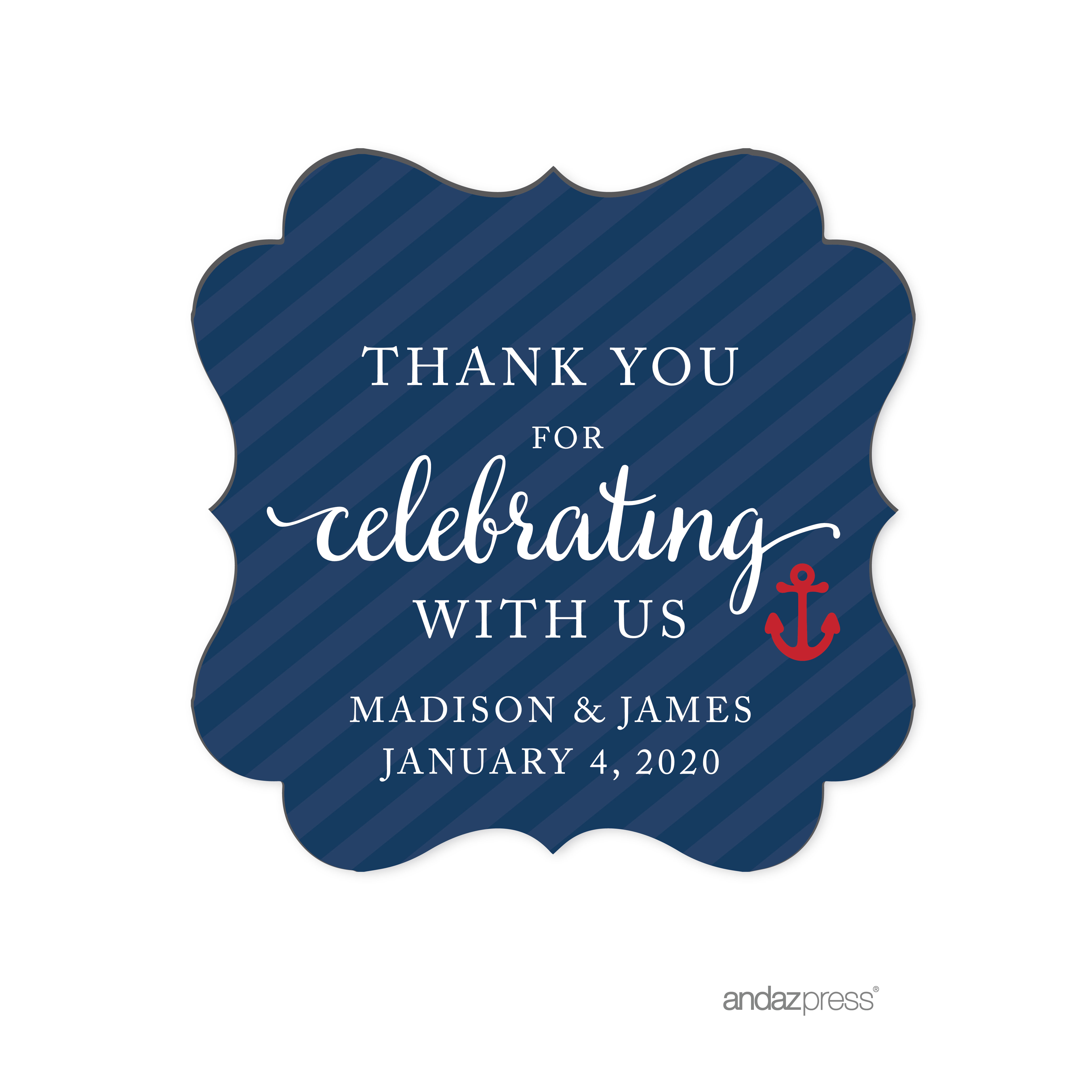 APC57780 Andaz Press Nautical Baby Shower Collection, Personalized Fancy Frame Gift Tags, Thank You for Celebrating with Us, 24-pack, Custom Made Name for Themed Party Favors, Gifts, Decorations-02